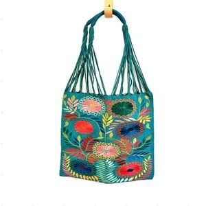 Embroidered Floral Chiapas Tote Bag Teal Boho Statement Dopamine Multi Mexico